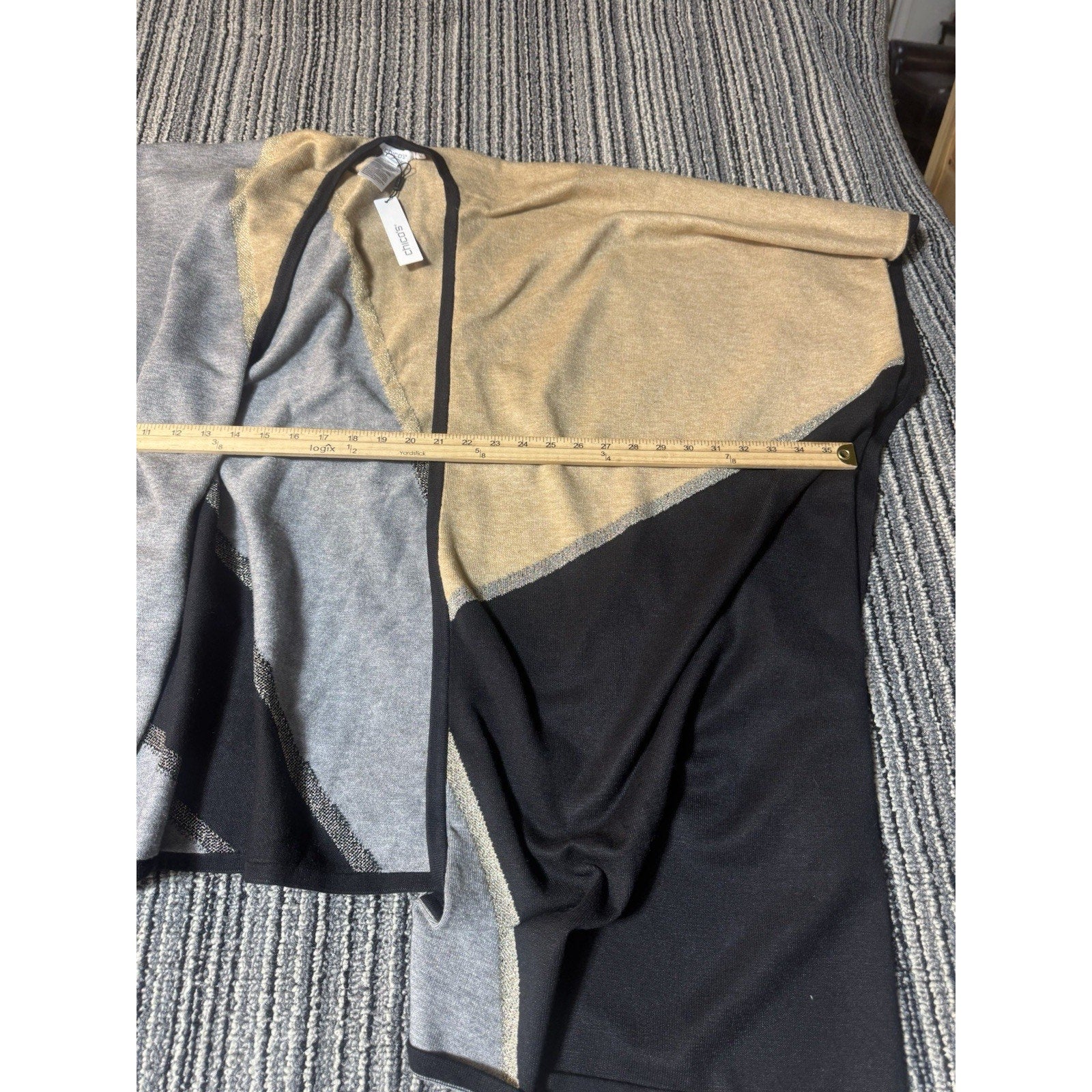 Chico’s Colorblock Lurex Ruana L/XL NWT Gold Gray Black Metallic Poncho Wrap