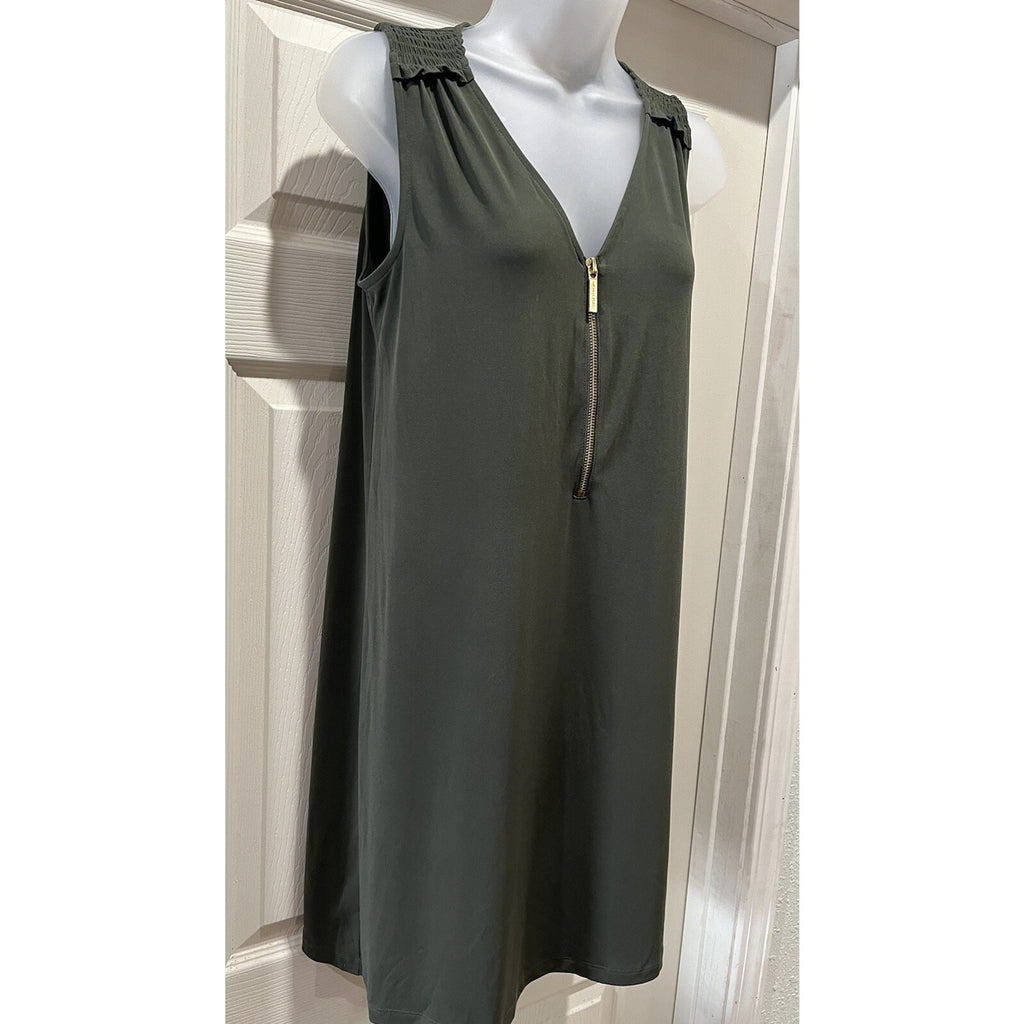 MICHAEL KORS SLEEVELESS V-NECK ZIP OLIVE GREEN STRETCH SHIFT DRESS SIZE S