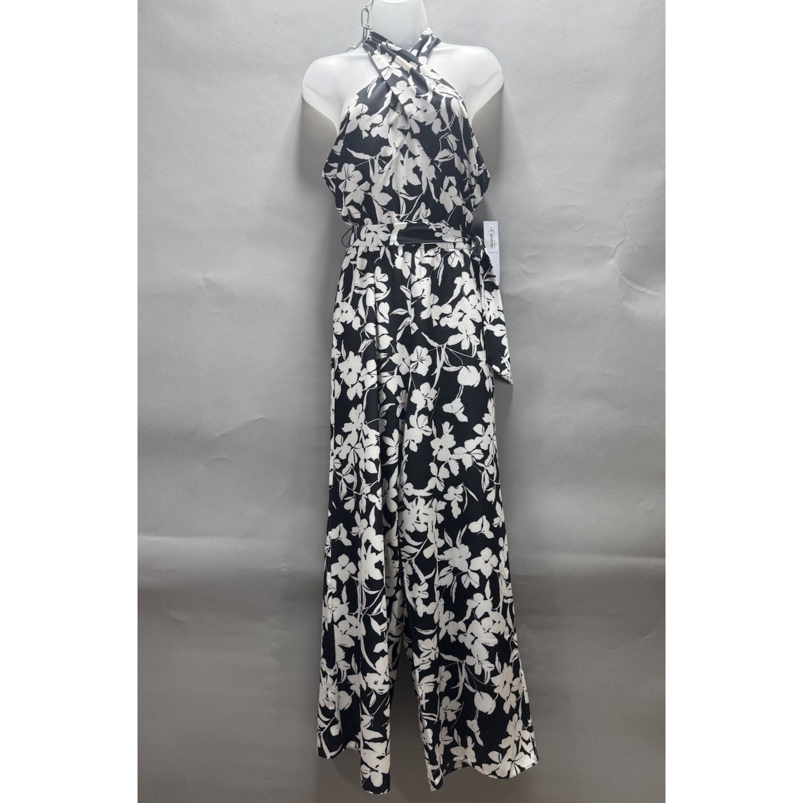 NWT London Times Size 10 Black White Floral Halter Wide Leg Jumpsuit Belted