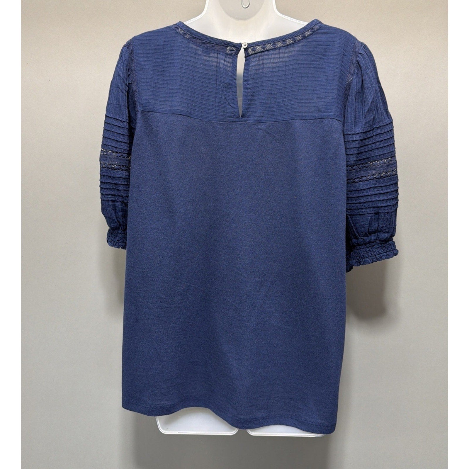 Loft Lace Trim Crotchet Sleeve Cotton blouse Navy Blue XL