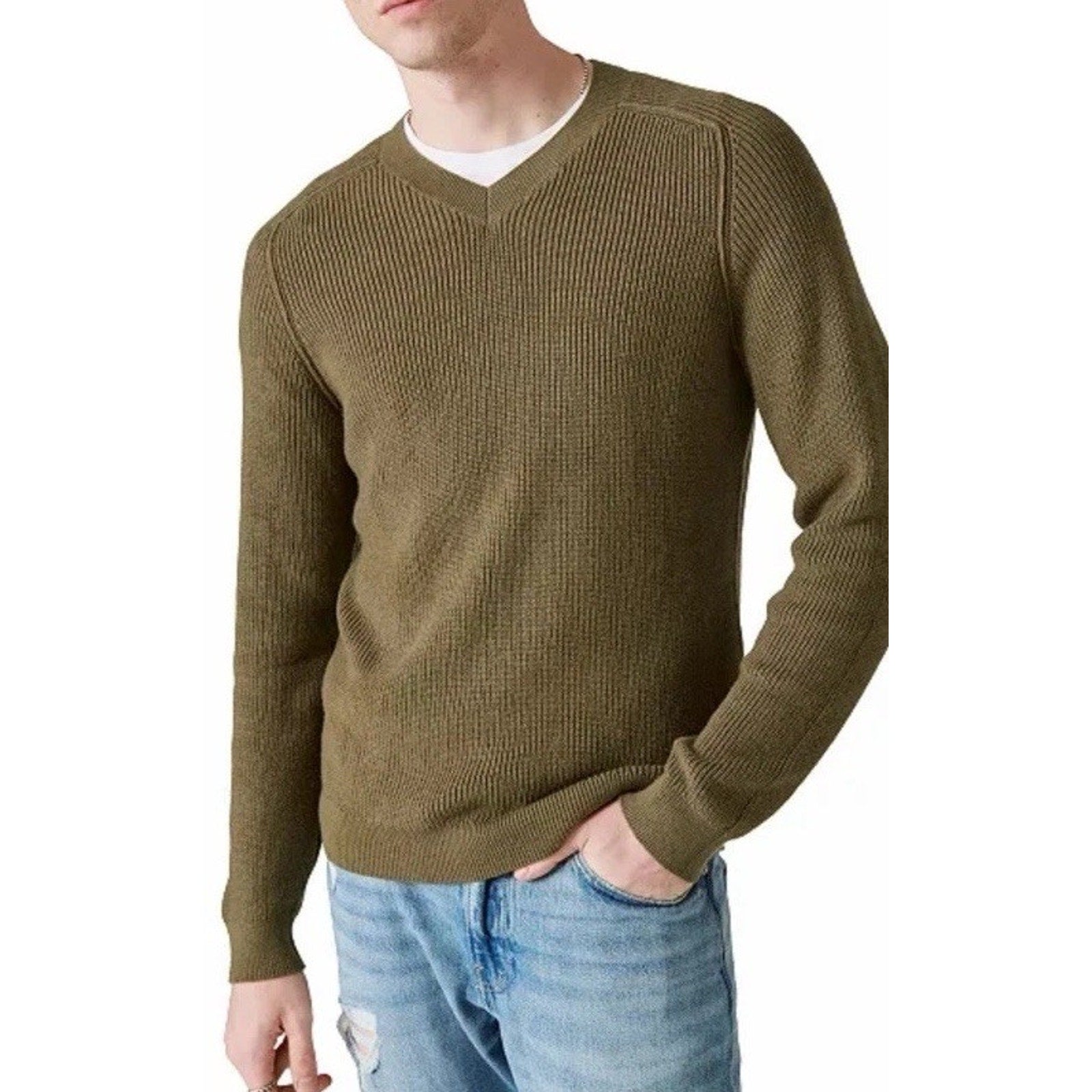 LUCKY BRAND Knit Pullover Sweater LG Men's Green Ribbed Cotton Blend Sweatshirt