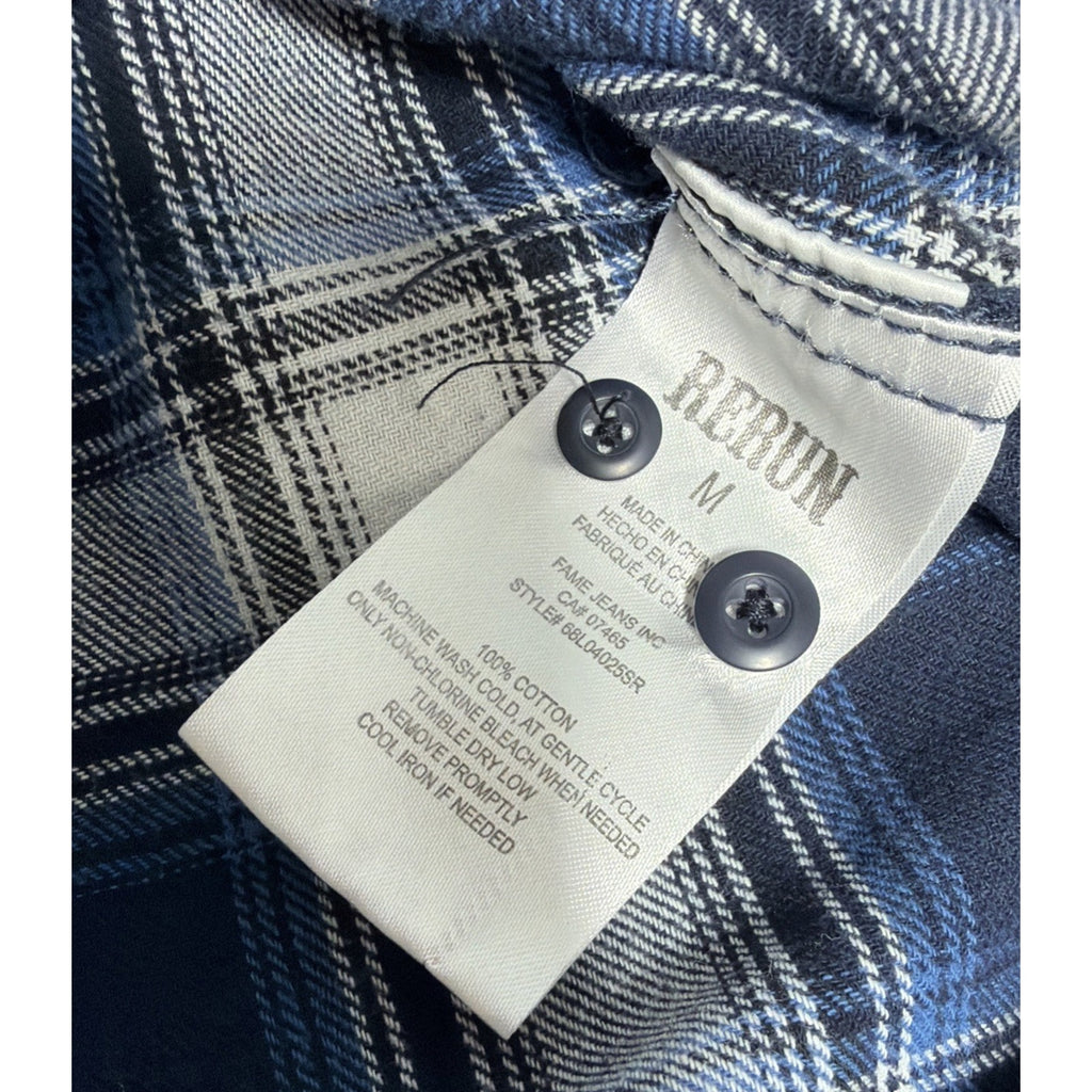 Men's RERUN Blue Plaid Button Down Cowboy Long Sleeve Shirt Size Medium