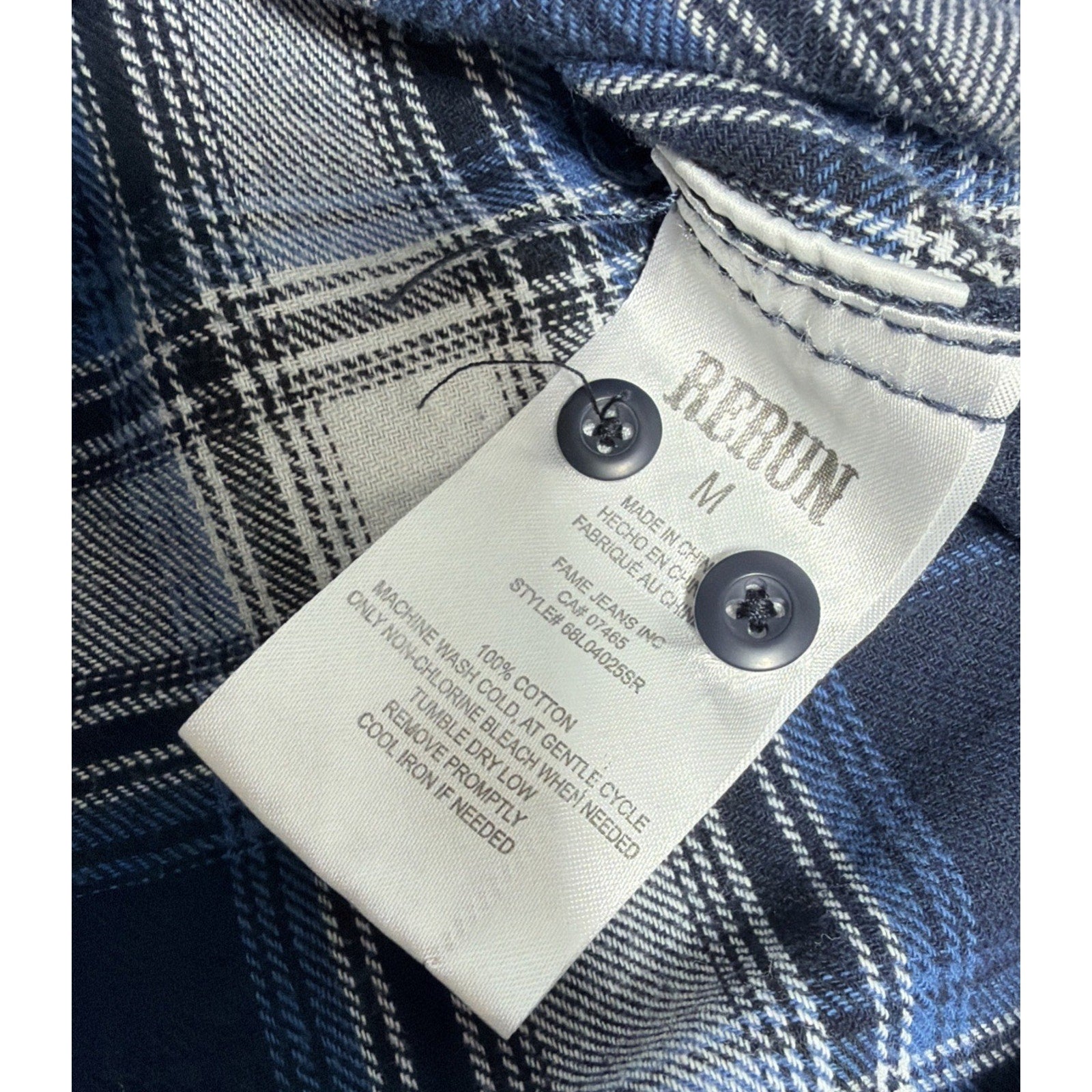 Men's RERUN Blue Plaid Button Down Cowboy Long Sleeve Shirt Size Medium