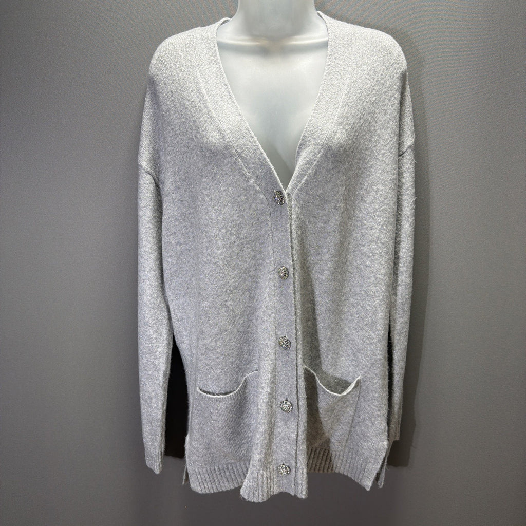 Talbots Jewel Button Cardigan Medium Gray Silver Metallic Shimmer soft cozy