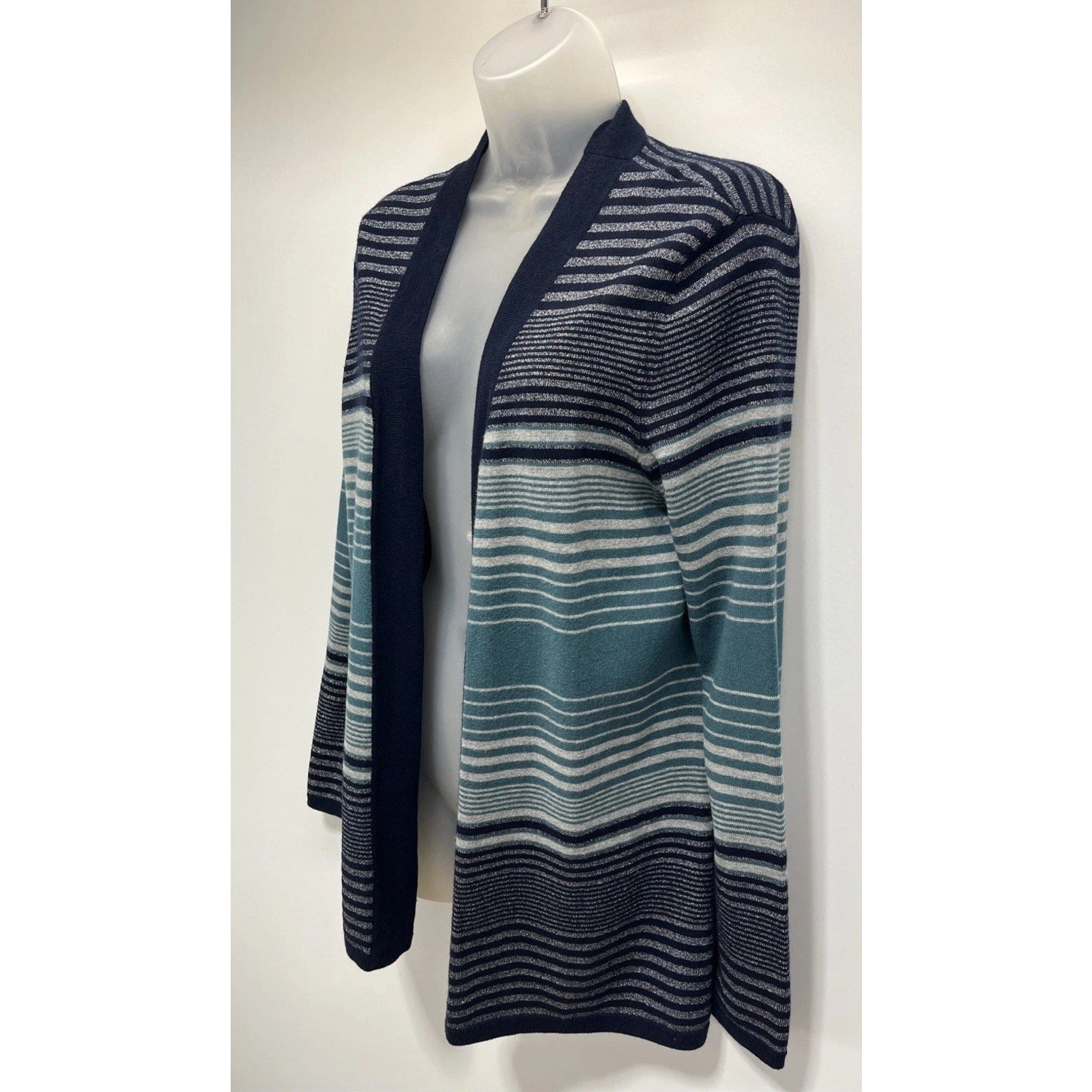 Beautiful Talbots striped open Silver Shimmer Cardigan sweater Size Medium