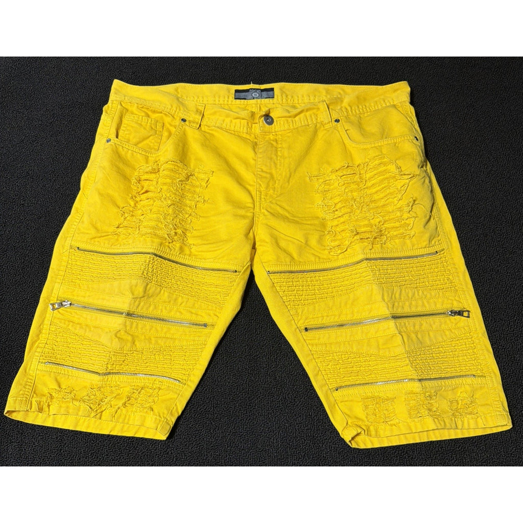 Focus Jeans Yellow Distressed Moto Denim Shorts Zip Streetwear Ripped Men 44
