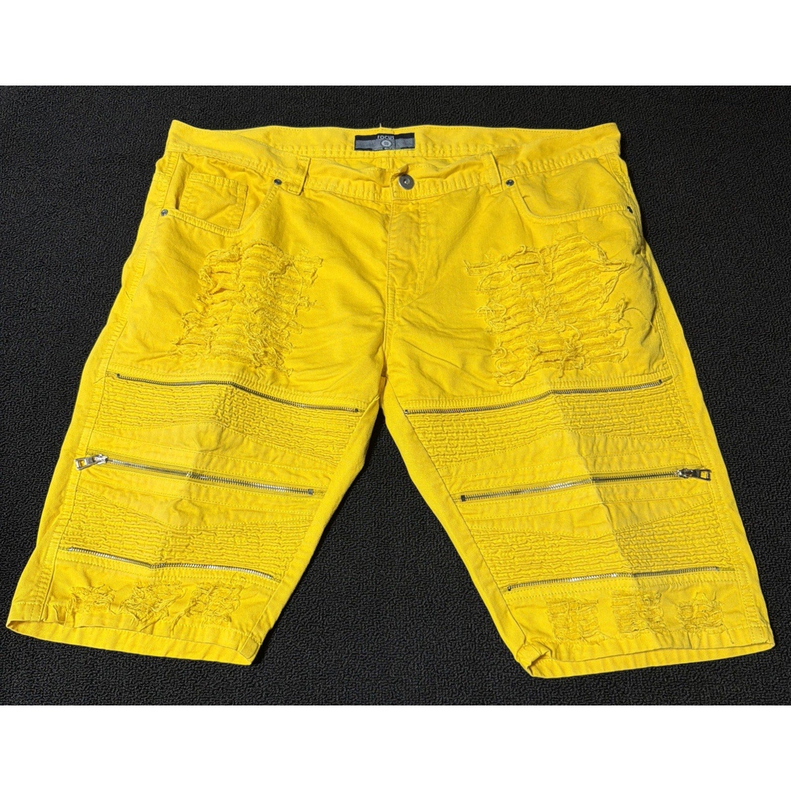 Focus Jeans Yellow Distressed Moto Denim Shorts Zip Streetwear Ripped Men 44