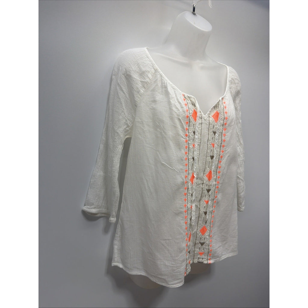 Old Navy Womens Top Short Sleeve Shirt Tropical Blouse Button Up Orange M