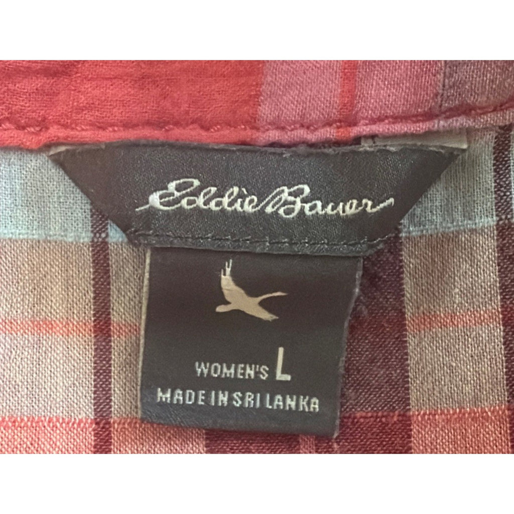 Eddie Bauer Shirt Women L Pink Plaid Button Up Collared Short Sleeve Stretch