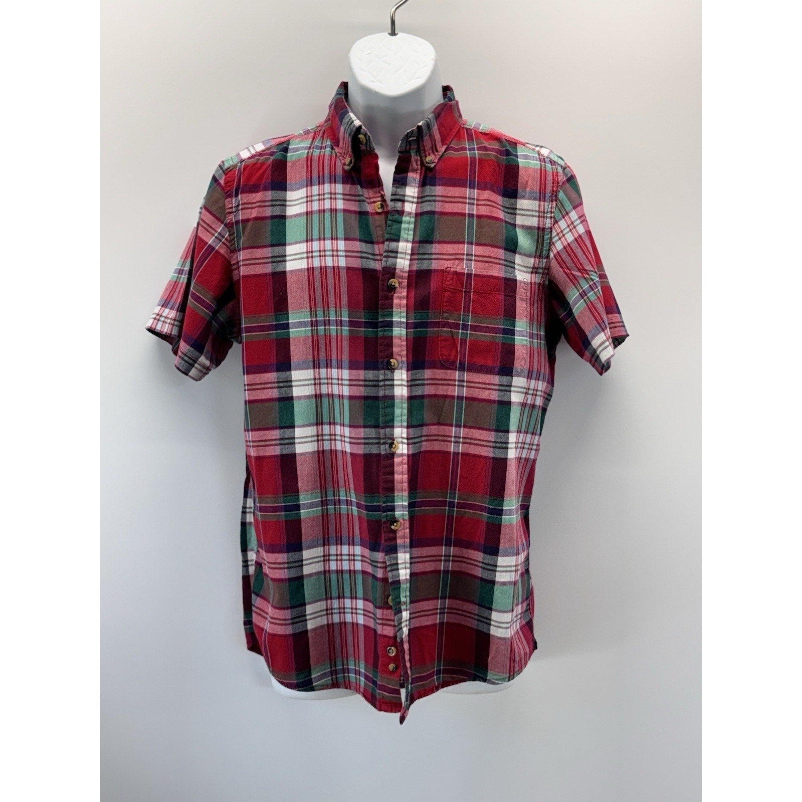 Old Navy Plaid Short Sleeve Red Green Slim Fit Shirt Men’s Size Medium Light
