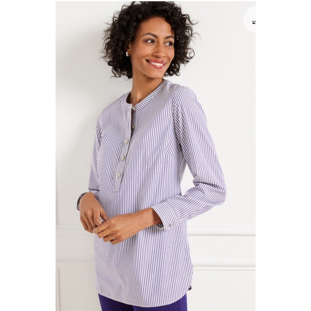 TALBOTS Non Iron Band Collar Tunic XL Dreamy Striped Embellished Button New