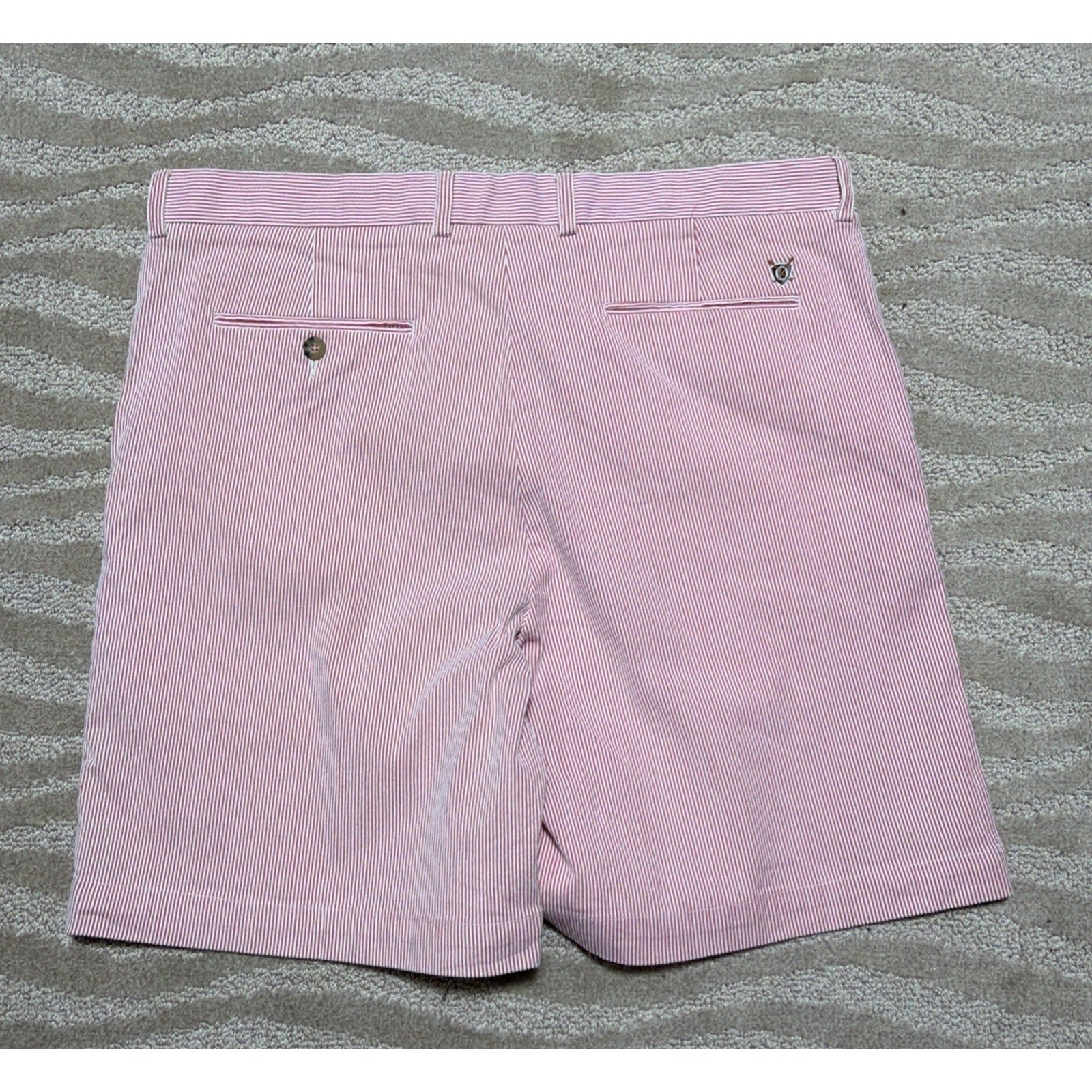 Oxford Golf Pink White Stripe Seersucker Chino Shorts Flat Front Stretch Sz 38