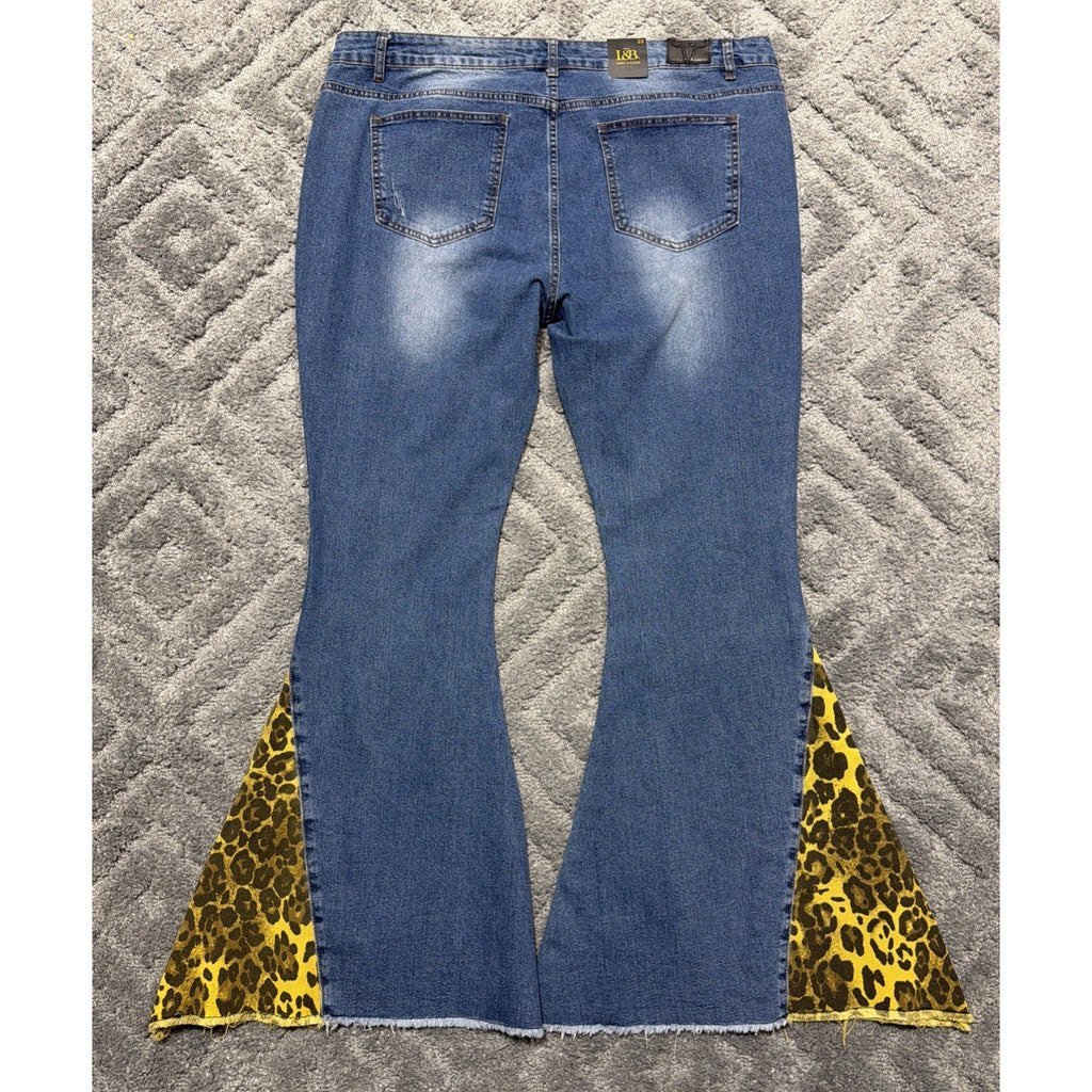 Lucky & Blessed Size 22 NEW HR Super Flare Belled Jeans Leopard Insert Stretch