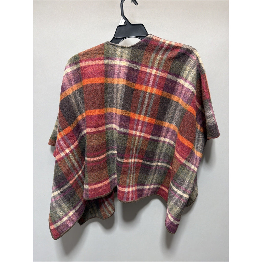Talbots Cape Womens One Size Red Brown Plaid Wool Blend Open Front Poncho Boho