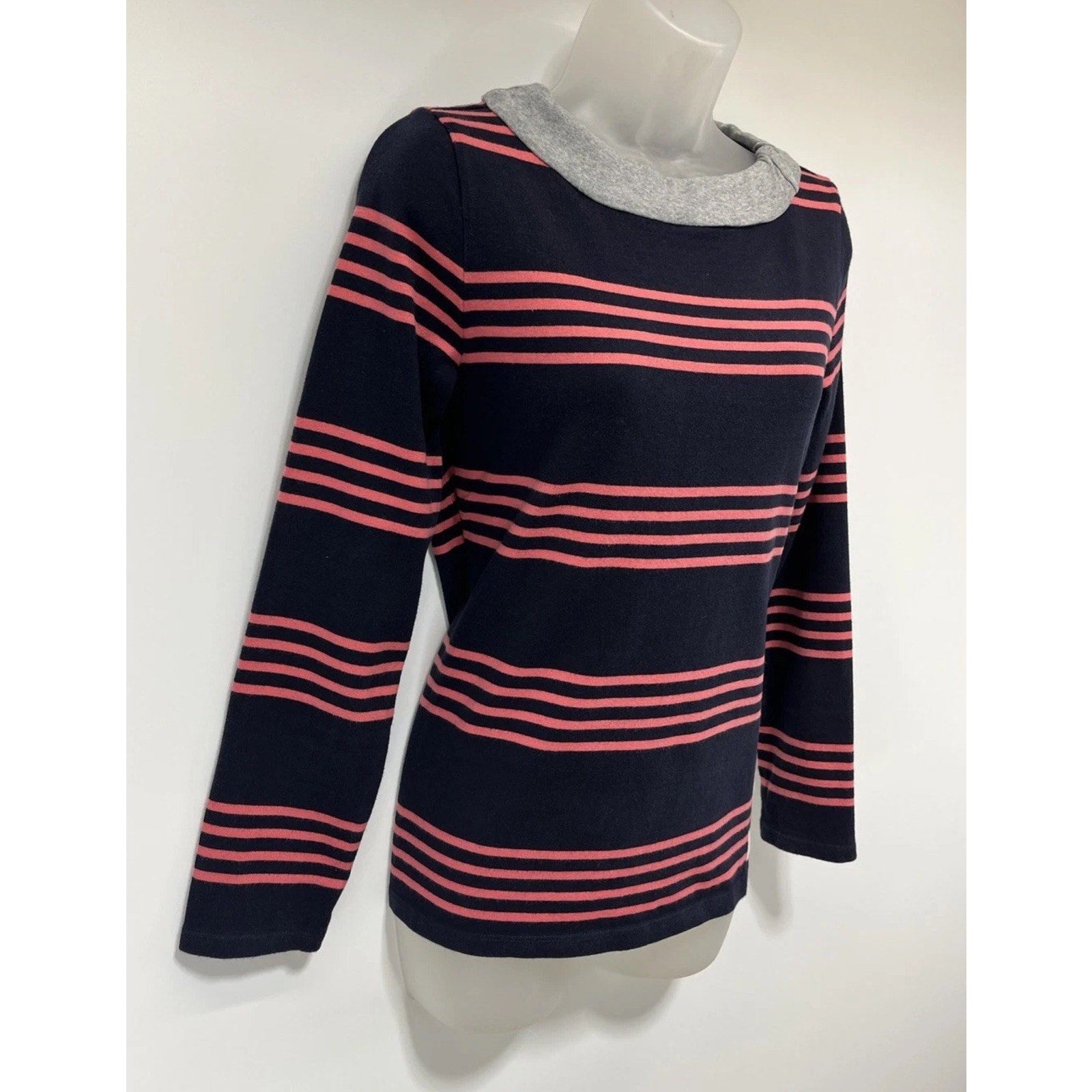 Talbots All Cotton Navy Blue Pink Striped Long Sleeve Shirt Size Small