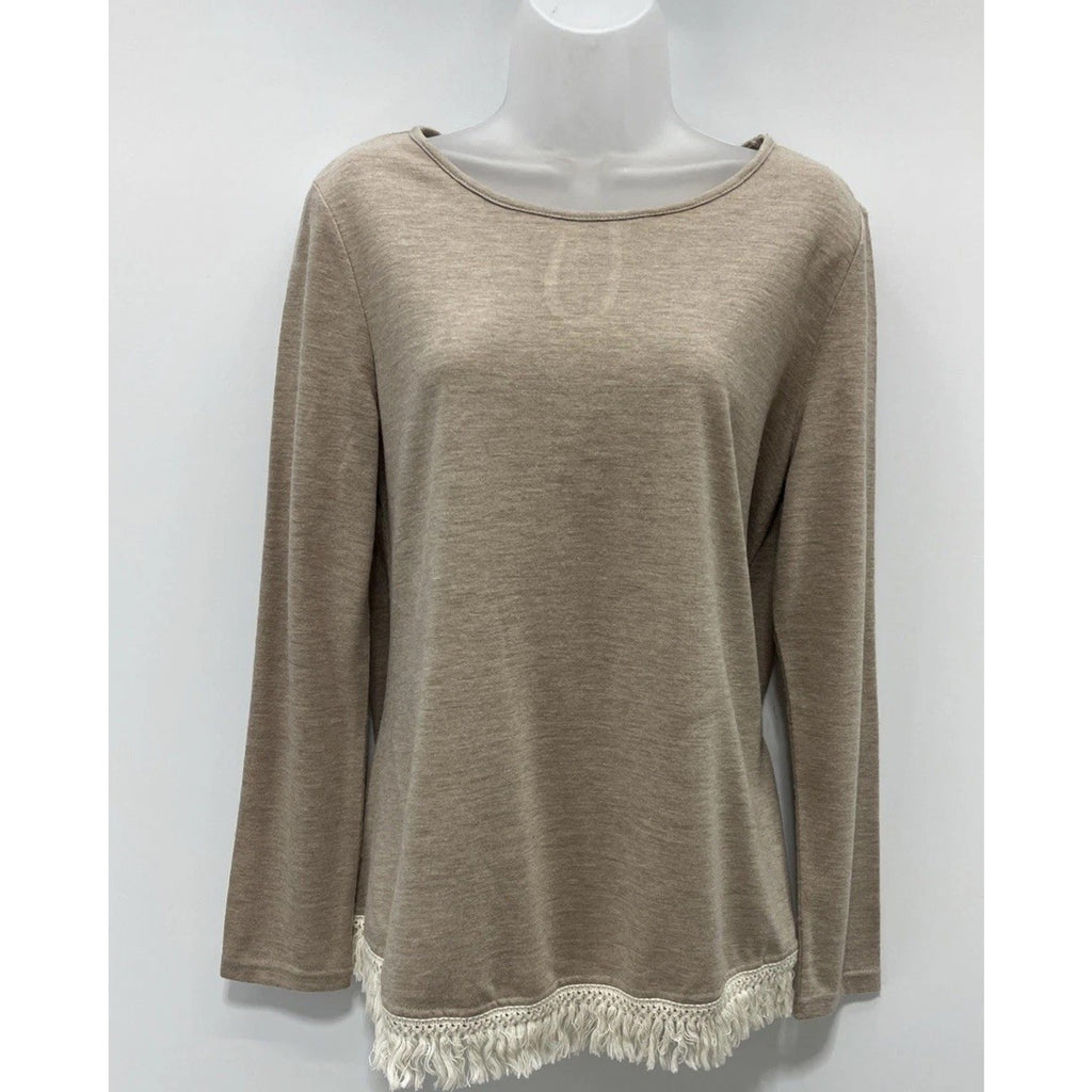 YA Los Angeles Boho Top Shirt Womens Large Brown Waffle Knit Fringe Long Sleeve