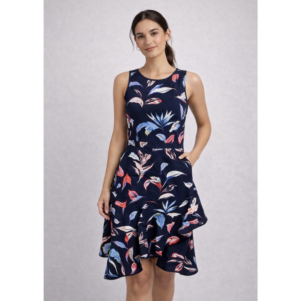 Banana Republic Floral Dress Womens 12 Navy Sleeveless Ruffle Hem Fit Flare New