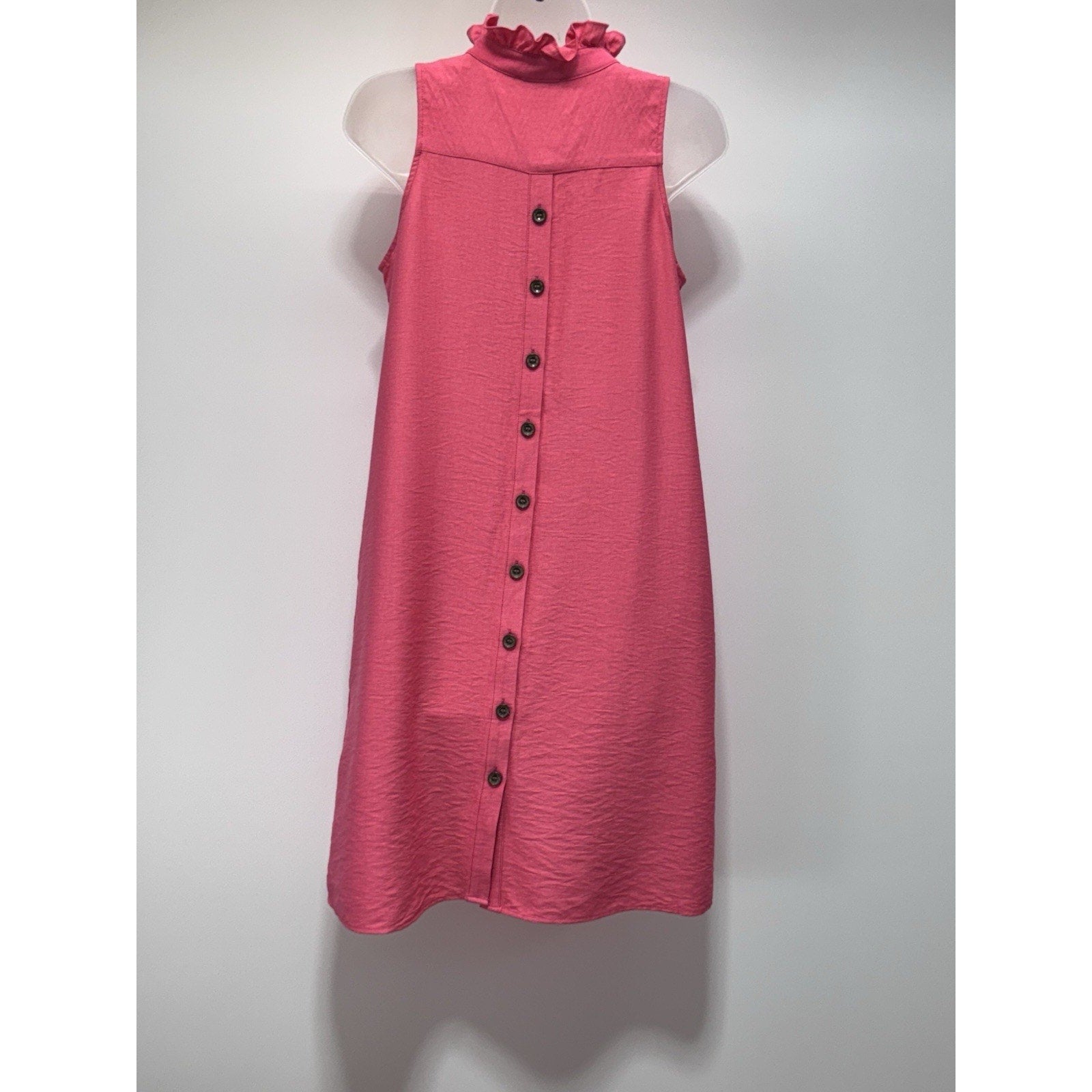 Boho Chic Button Back Pink Sheath Sleeveless Dress Ruffled Collar Women’s S