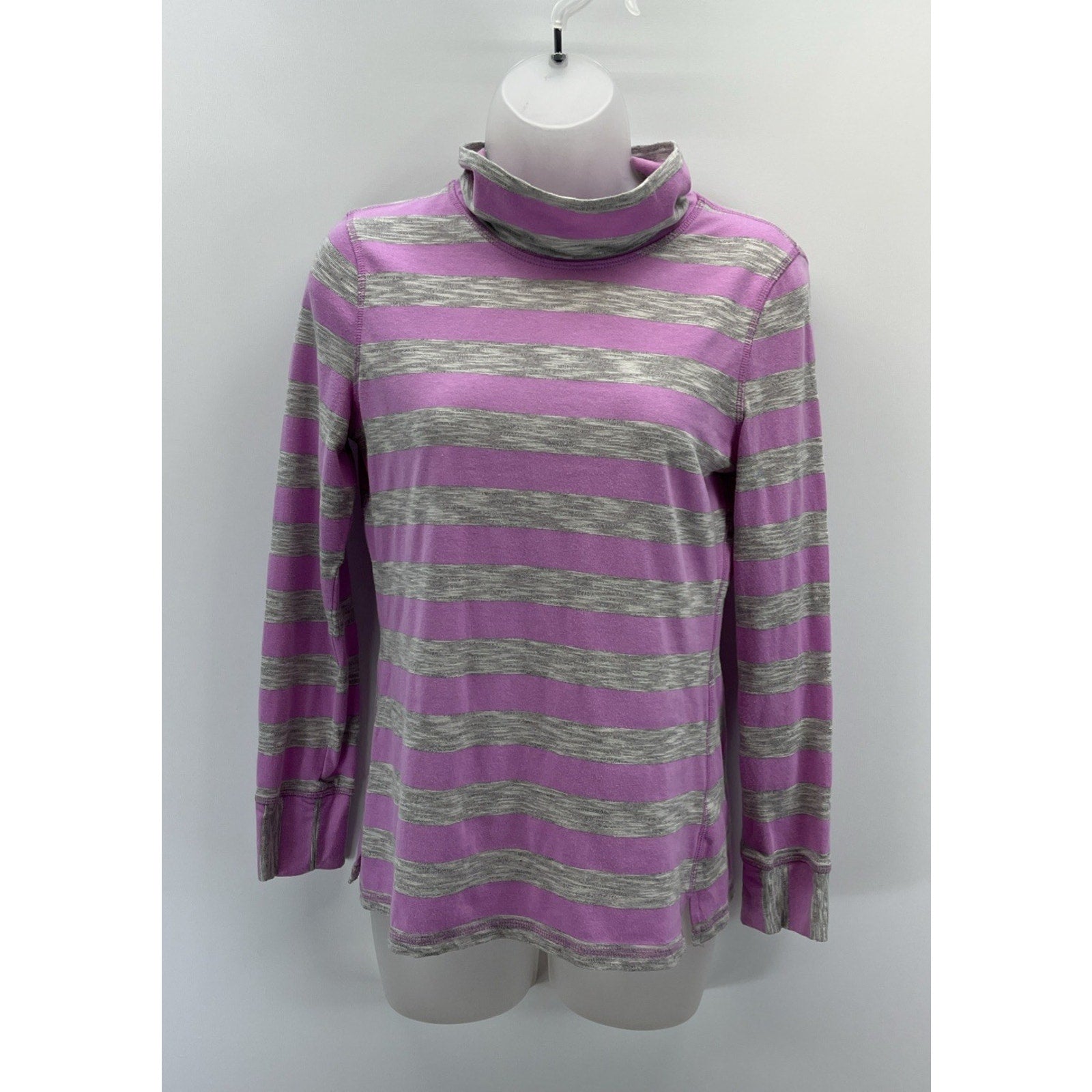 T by Talbots Women's Pink Grey Stripe Mock Neck Long Sleeve Pullover Size PS Top