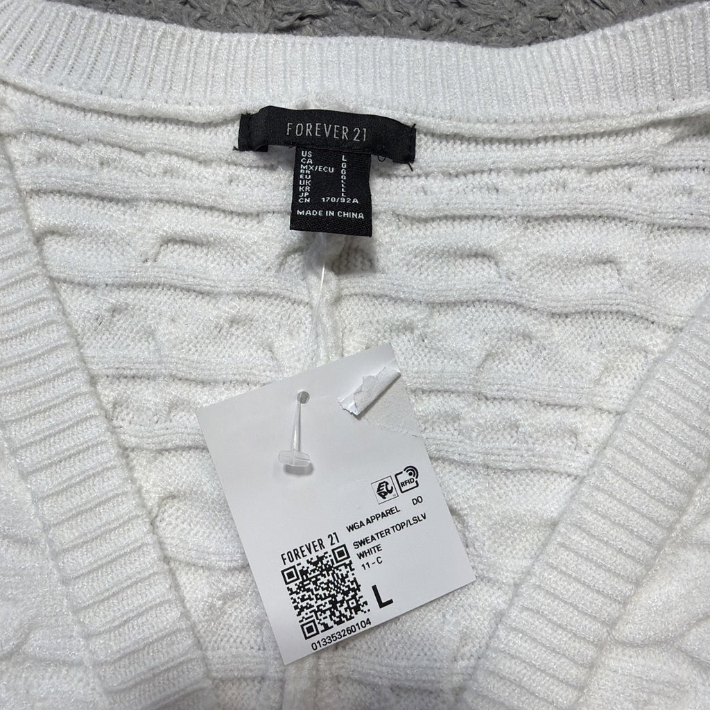 NWT Forever 21 Women’s Peasant-Sleeve Surplice Cable Knit Sweater White Size L