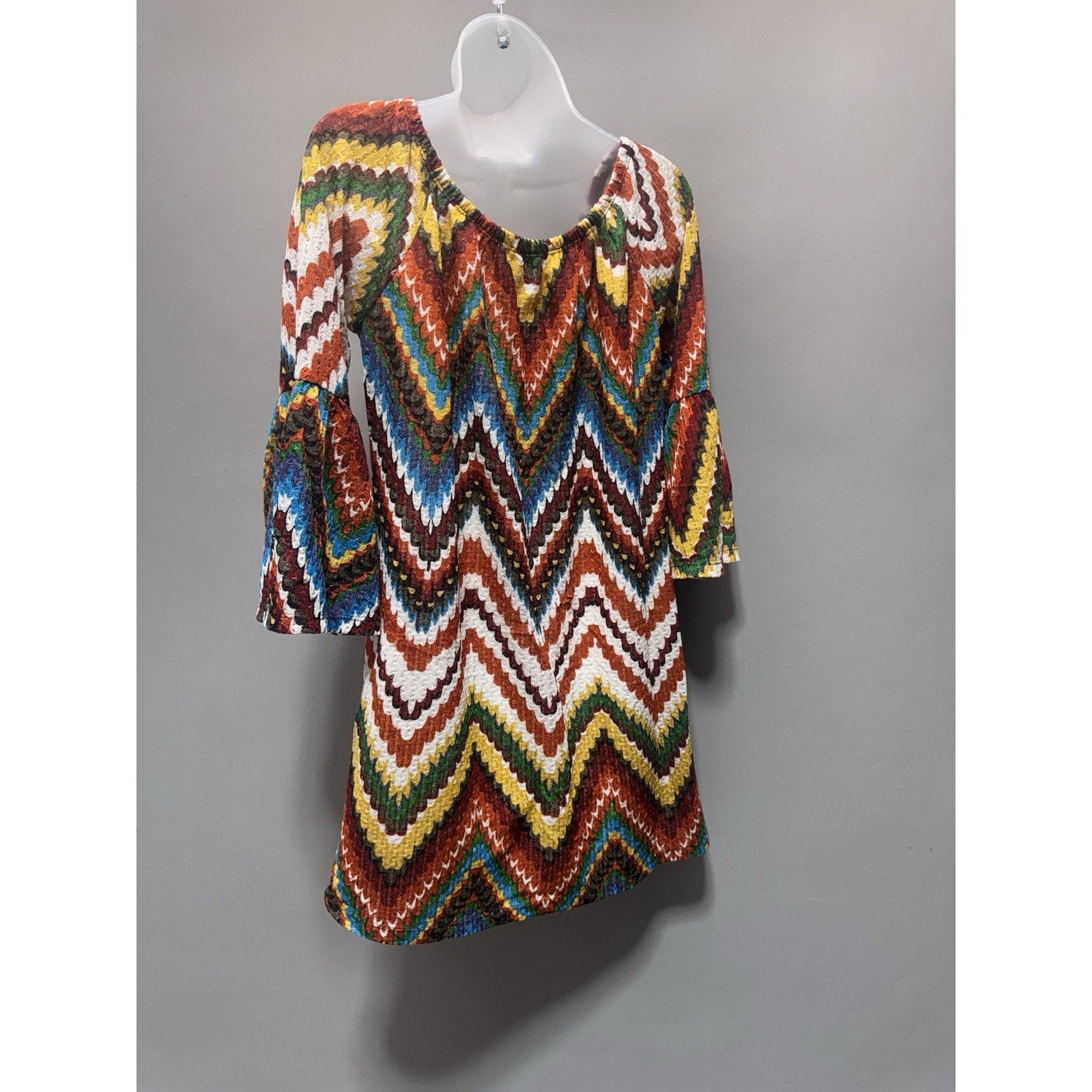 Yahada USA Boho Chevron Tunic Dress Womens Small Multicolor Bell Sleeve Stretch