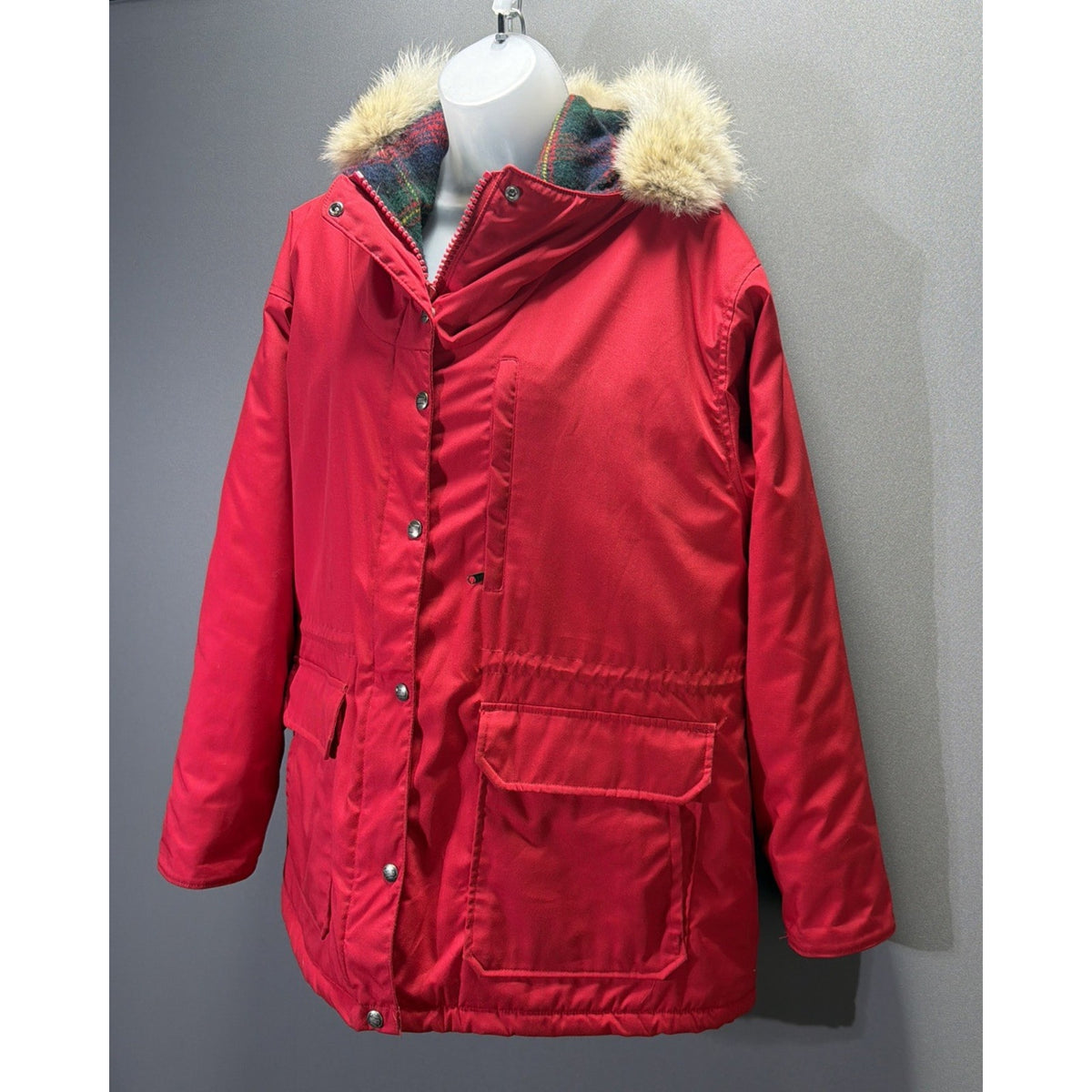 Vintage Woolrich Jacket Womens L Red Wool Lined Parka Coyote Fur Hood Made USA