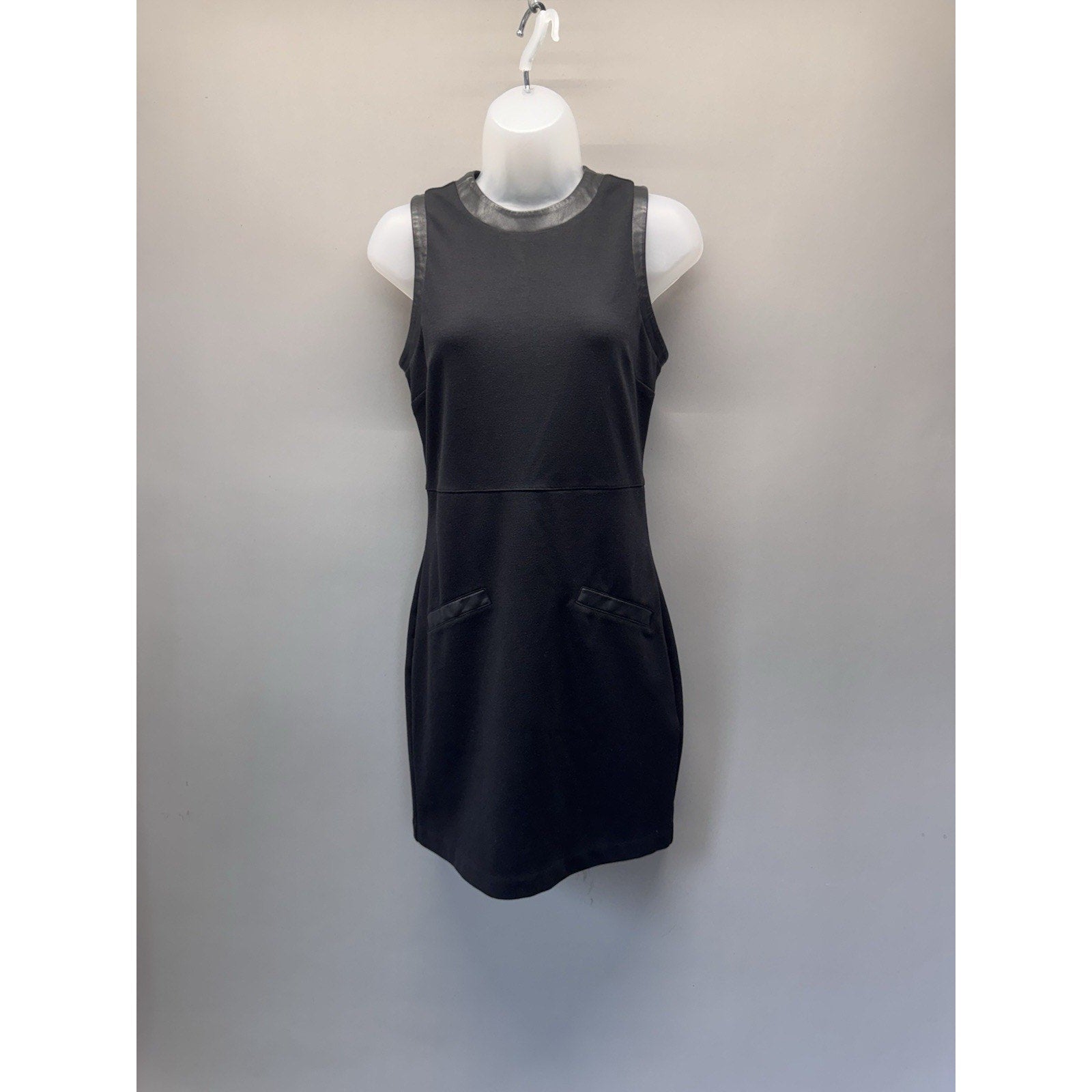 Express Black Sleeveless Sheath Dress Faux Leather Trim Zip Back Womens S