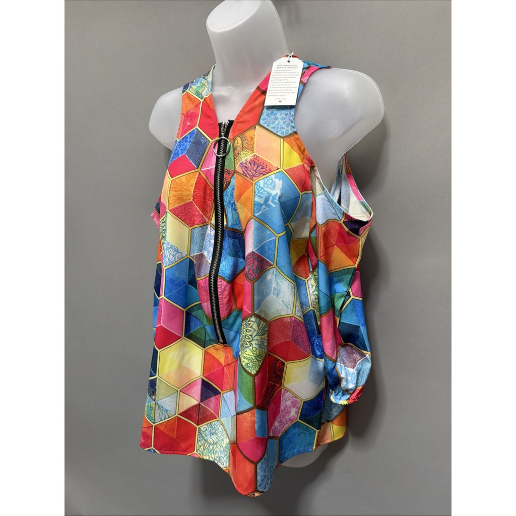 NWT Bluzka Damska Geometric Multi-Colored Print Cold Shoulder Blouse Top L