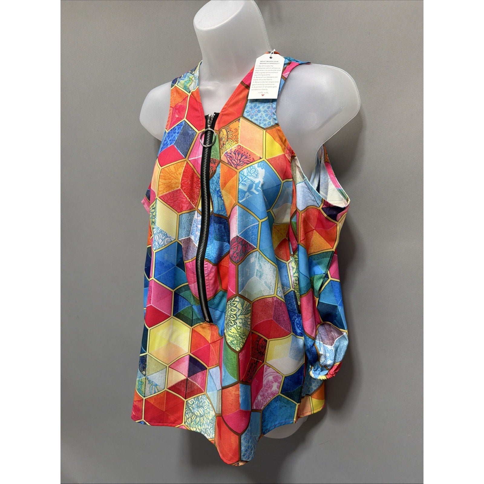 NWT Bluzka Damska Geometric Multi-Colored Print Cold Shoulder Blouse Top L