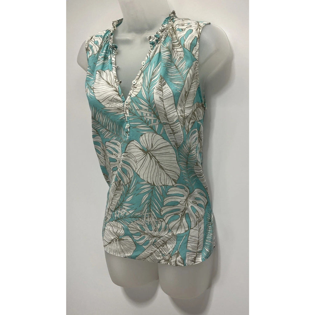 TALBOTS Women's Thin Cotton Tank Top Tropical Leaf Ruffle Multicolor Size XS