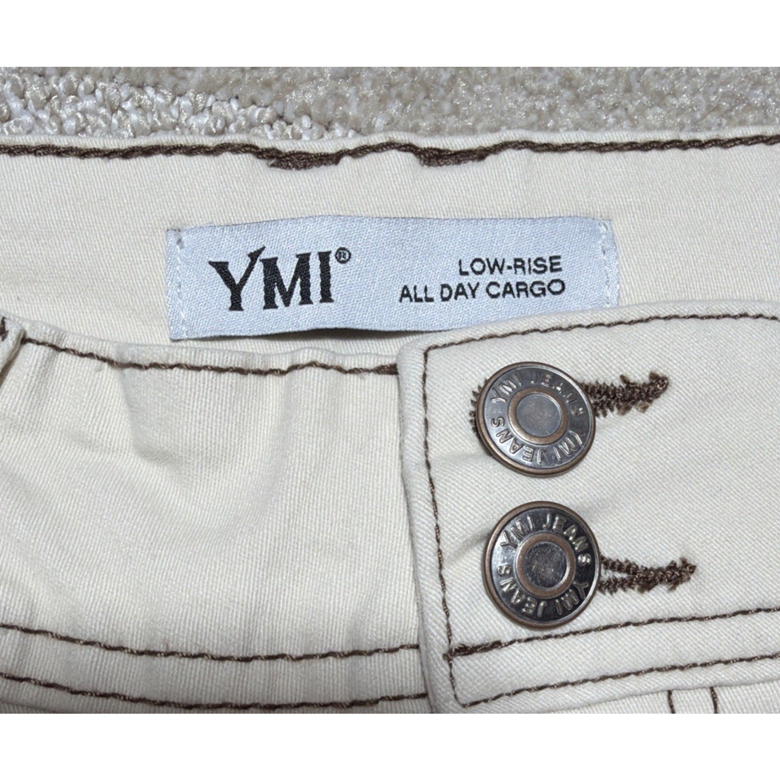 YMI Low Rise All Day Cargo Pants Biege Brown Contrast Stitch Flare Leg 1/25 NWT
