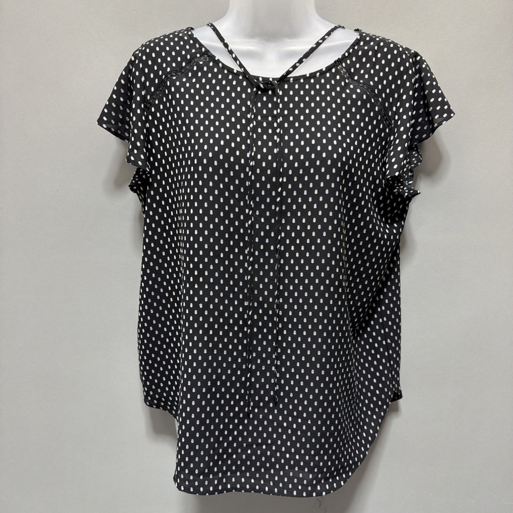Loft Women Size M Black All Over Print Lined Short Sleeve V Neck Blouse