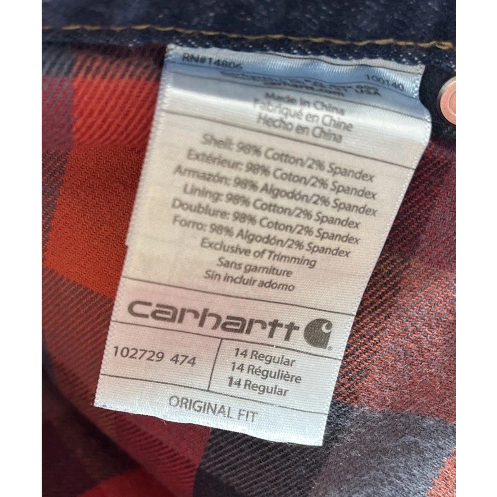Carhartt Jeans Womens 14 Blue Flannel Lined Original Fit Straight Leg Hem 33x27