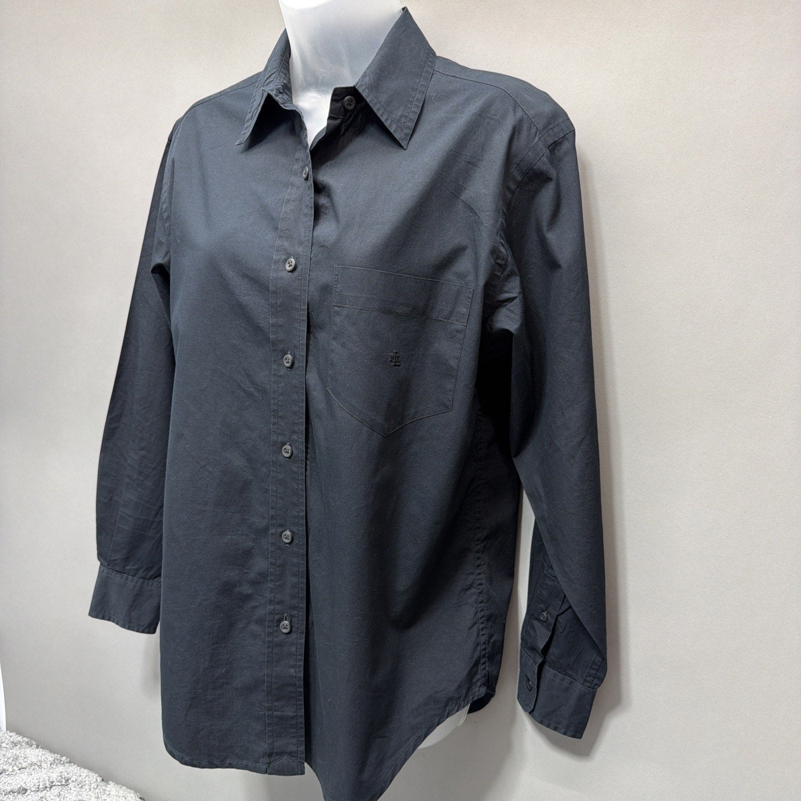 Lauren Ralph Lauren Top Womens Medium Black Long Sleeve Button Up Cotton Preppy