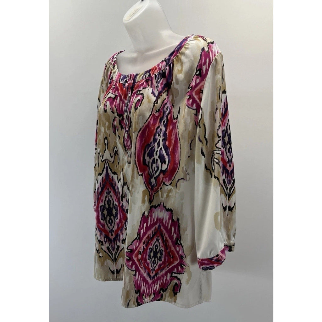 Chico’s Blouse Women's Size 2 Large Pink Cream Paisley Long Sleeve Top