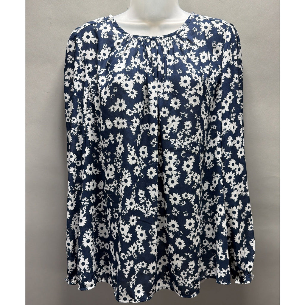 Women LOFT Shirts & Blouses | Floral Ruffle Cuff Blouse Deep Space Blue XL New