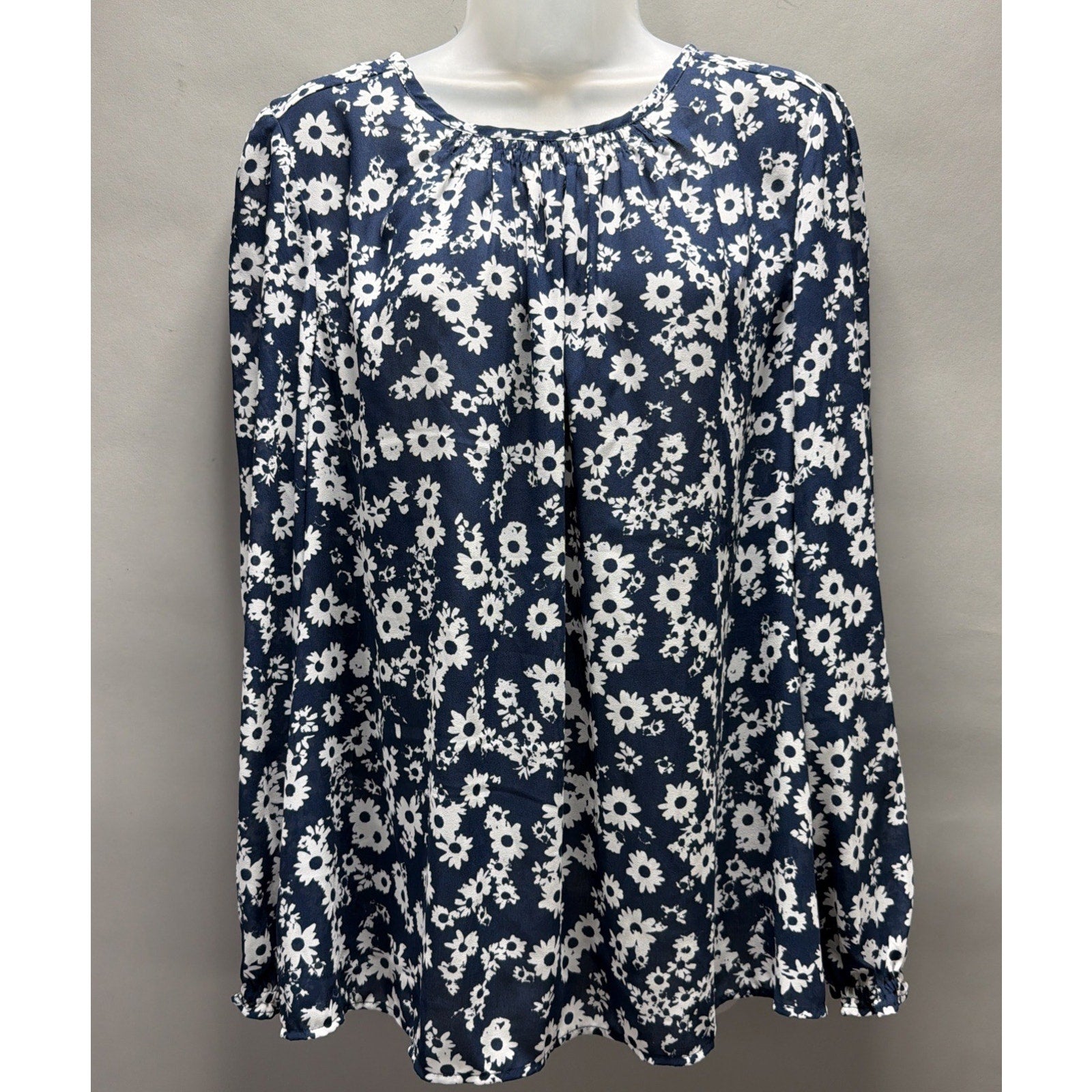 Women LOFT Shirts & Blouses | Floral Ruffle Cuff Blouse Deep Space Blue XL New