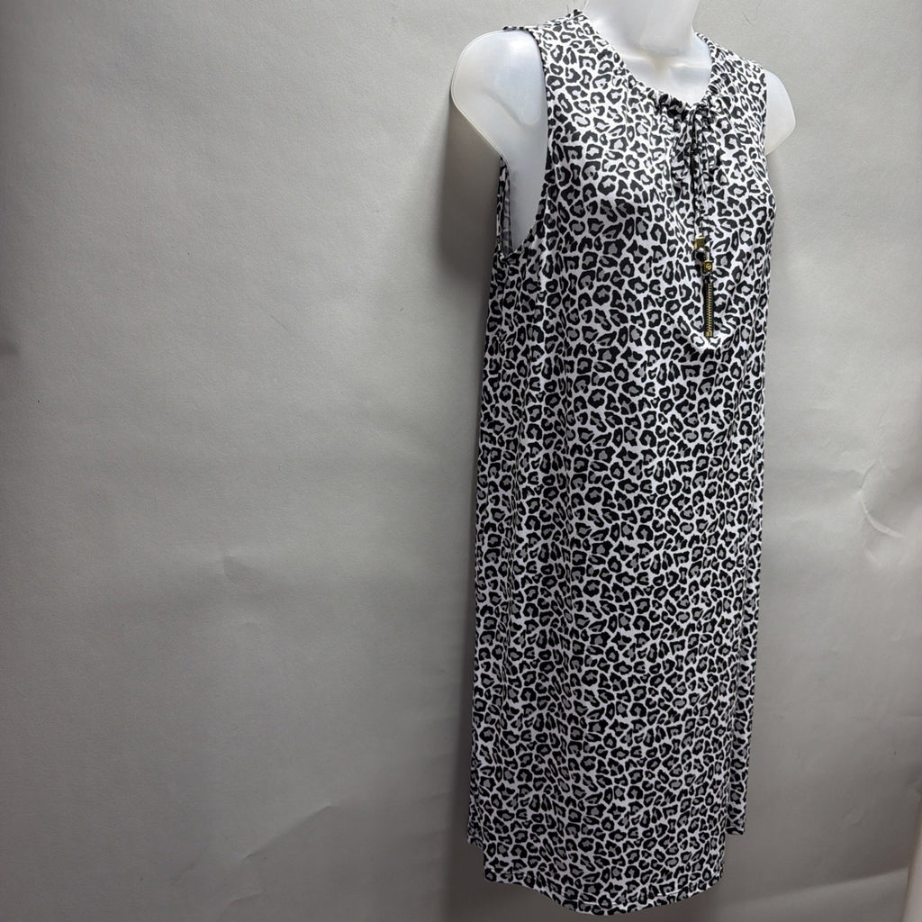 Michael Kors Leopard Print Shift Dress Sleeveless Gold Zip Neck Black White L