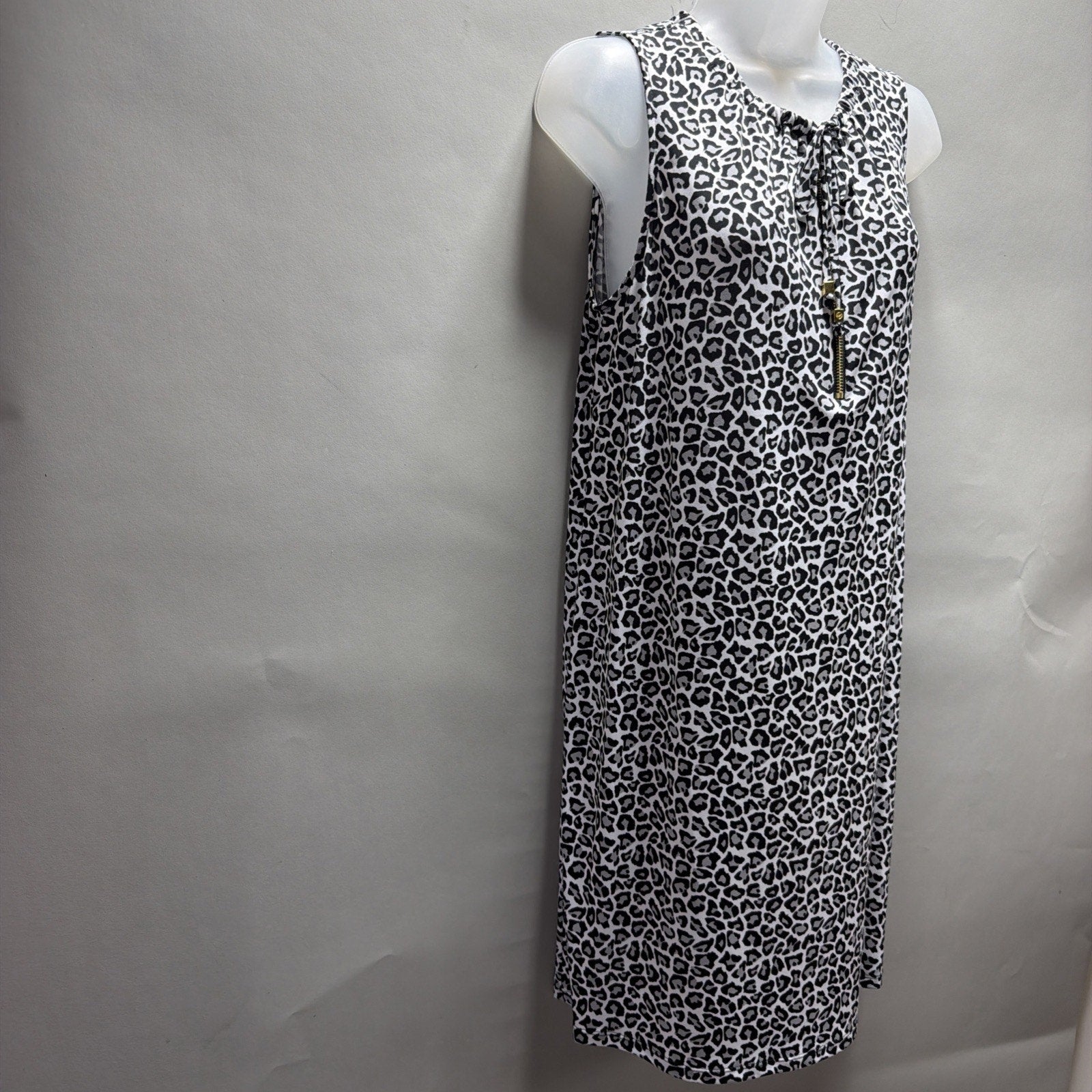 Michael Kors Leopard Print Shift Dress Sleeveless Gold Zip Neck Black White L