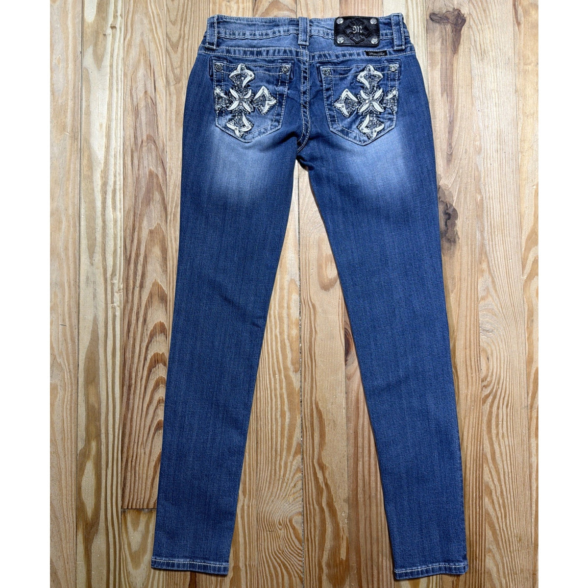 Miss Me Y2K Women's 26 Jeans Skinny JY8282S Leather Cross Embellished Low Rise