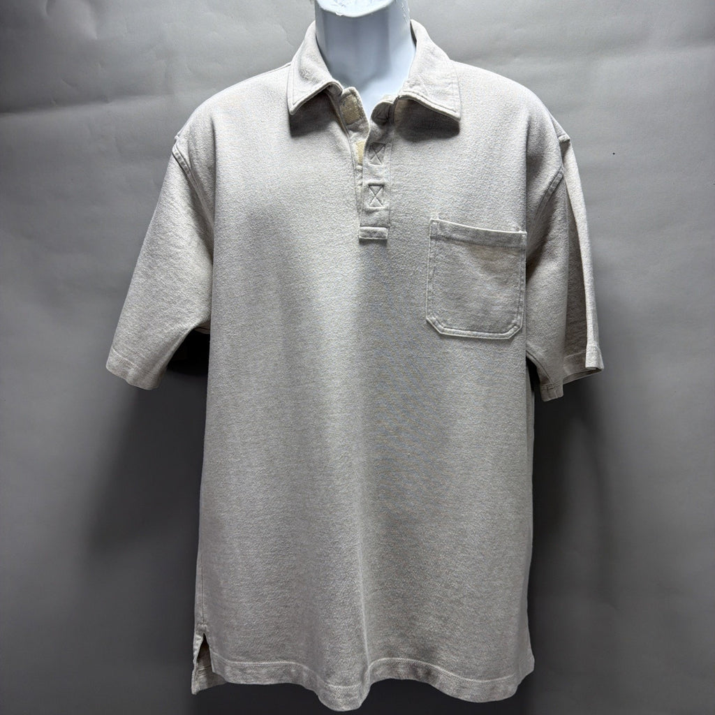 Eddie Bauer Mens Shirt Medium Biege 1/4 Velco Polo Short Sleeve Collared Cotton