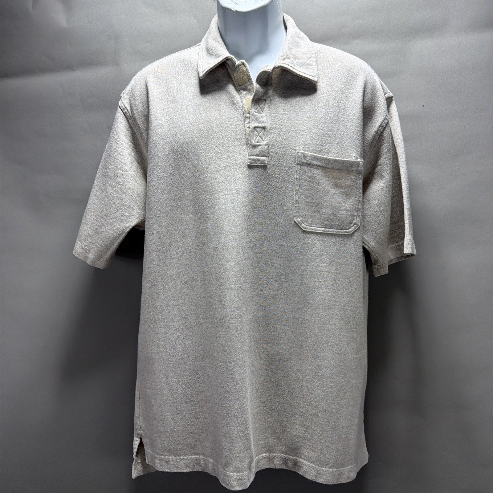 Eddie Bauer Mens Shirt Medium Biege 1/4 Velco Polo Short Sleeve Collared Cotton