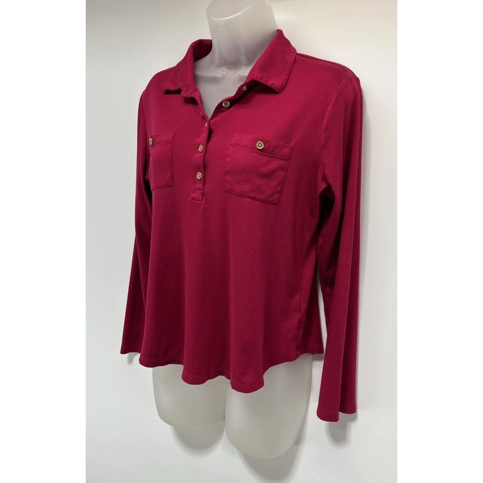 Womens Top Medium Petite Long Sleeve Pink Collared Magenta Pink Talbots