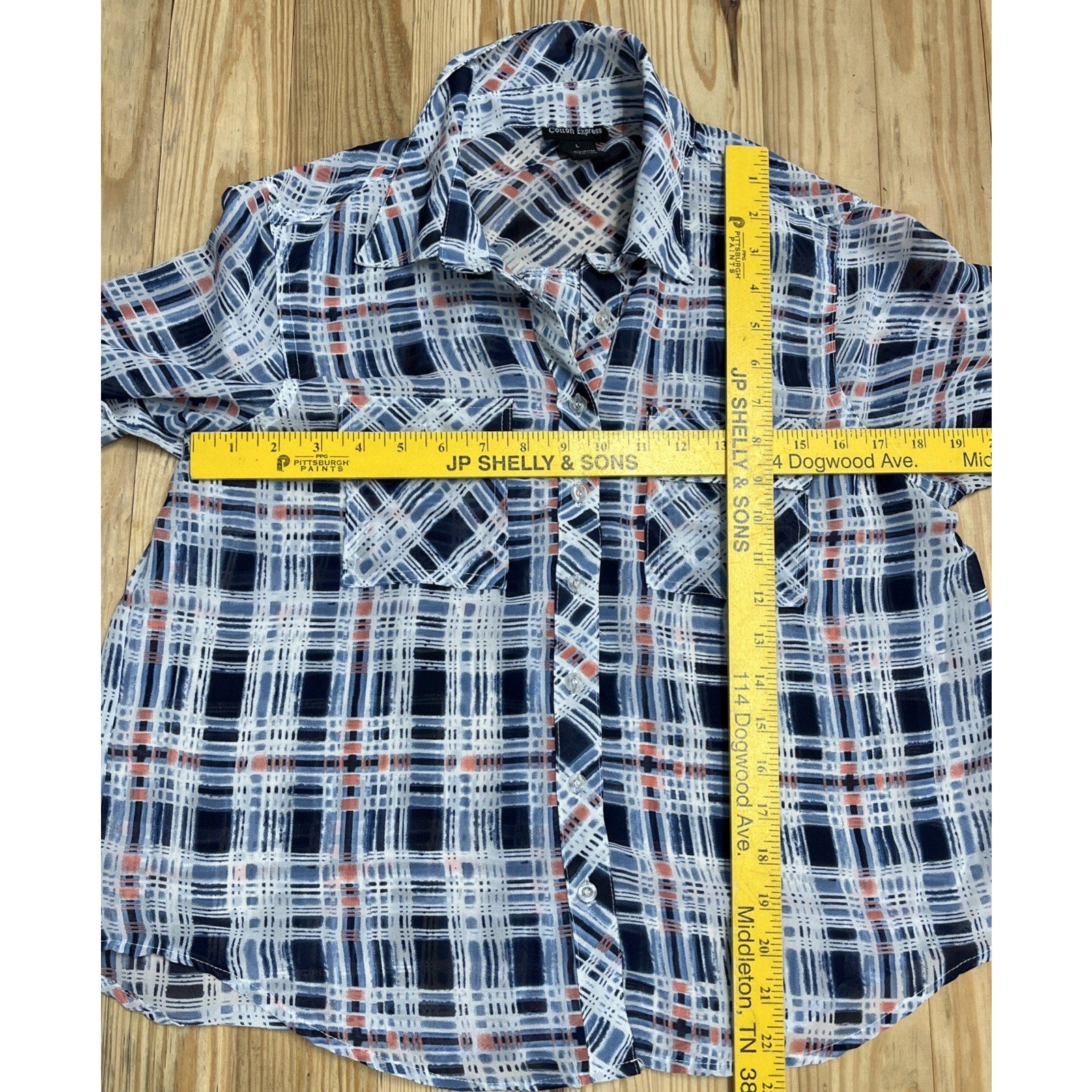 COTTON EXPRESS BLUE AND WHITE PLAID SHIRT ROLL TAB SLEEVES Button Back WOMENS L