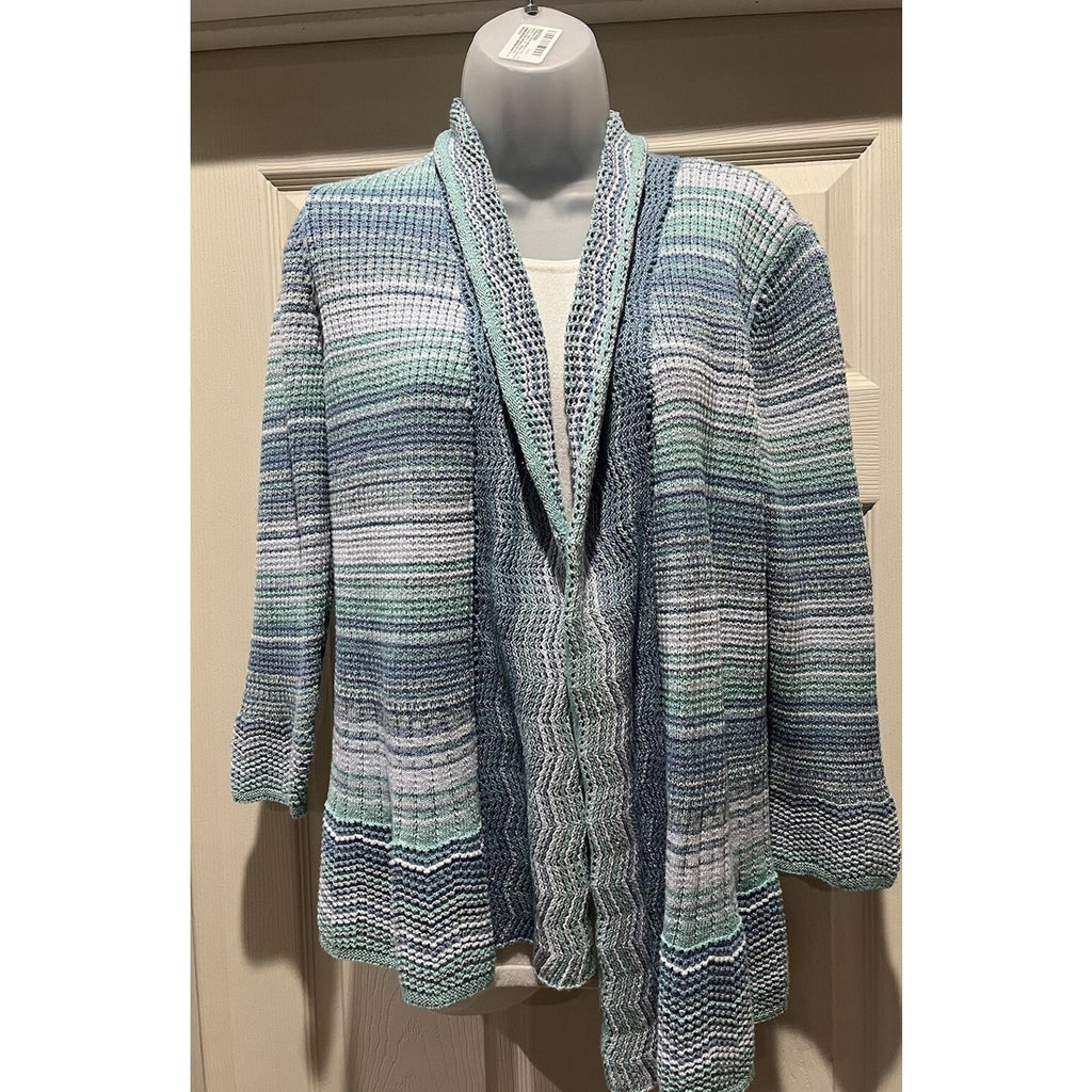 Alfred Dunner Womens S Seafoam Glitter Striped Cardigan Sweater