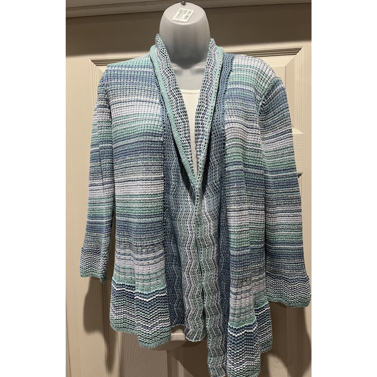 Alfred Dunner Womens S Seafoam Glitter Striped Cardigan Sweater