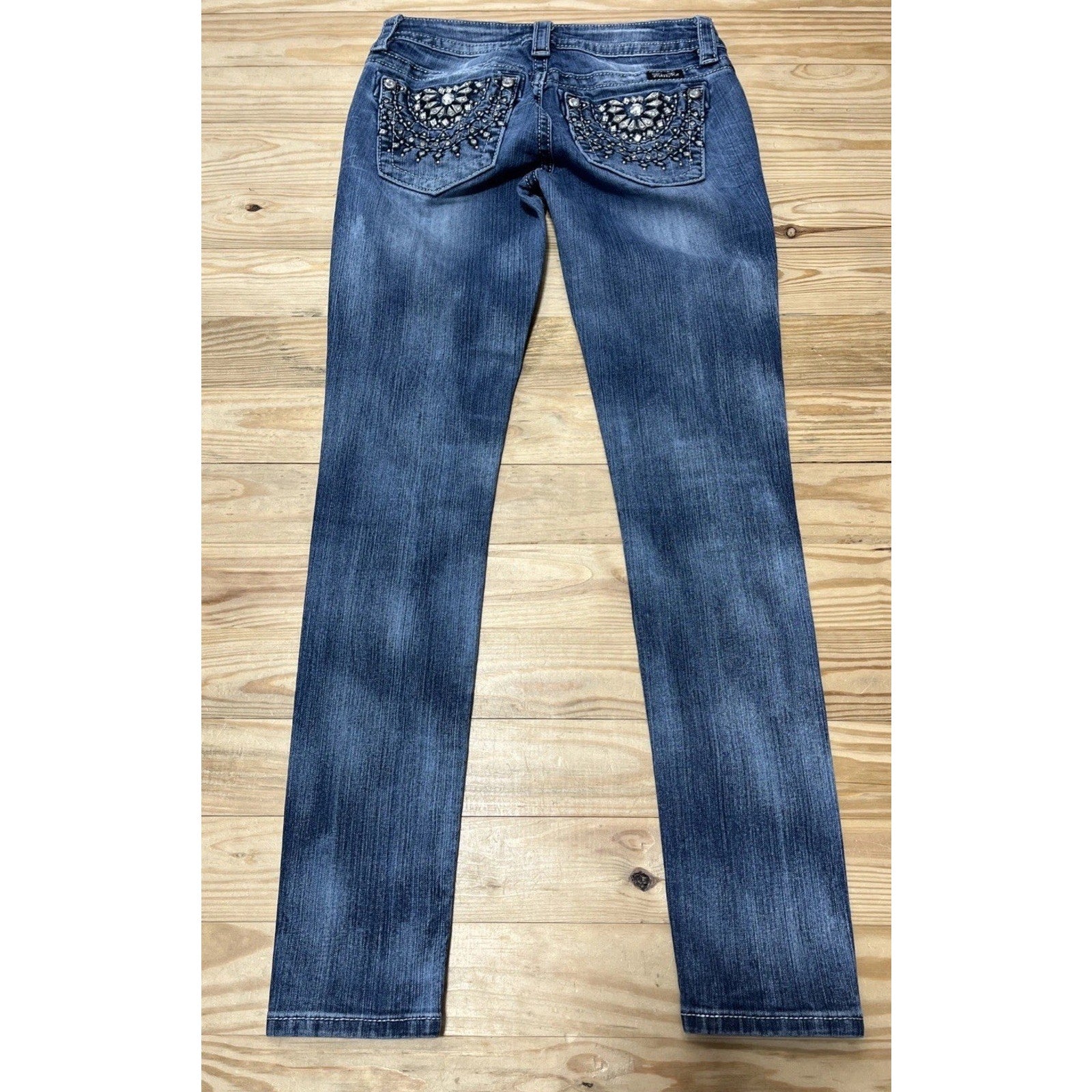 Miss Me Signature Rise Skinny Blue Jeans Womens Size 27x31 Rhinestones Embellish