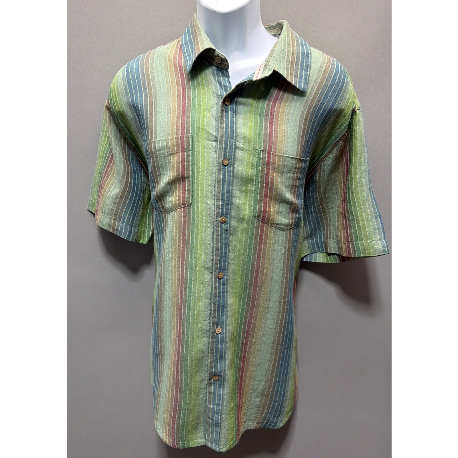 Carbon 2 Cobalt Colorful Striped Button Shirt Lightweight Linen Blend Men L