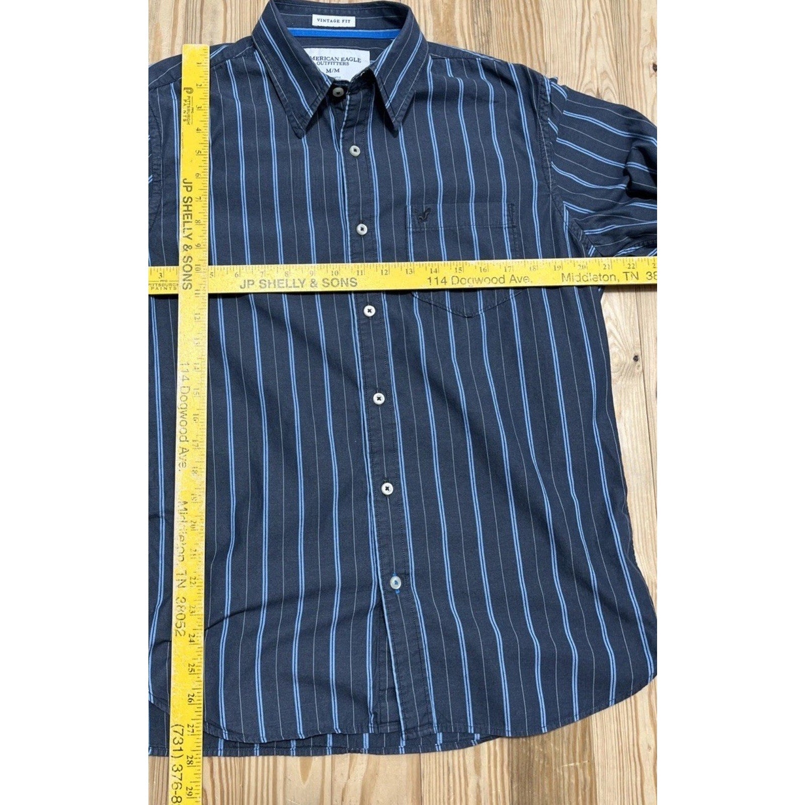 American Eagle Mens Vintage Fit LS Button Up Navy Blue Striped Dress Shirt M