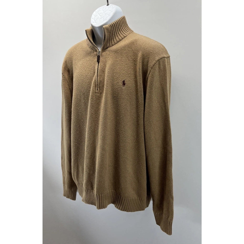 Polo Ralph Lauren Sweater Mens XL Tan Brown 1/4 Zip Cotton Pony Quiet Luxury